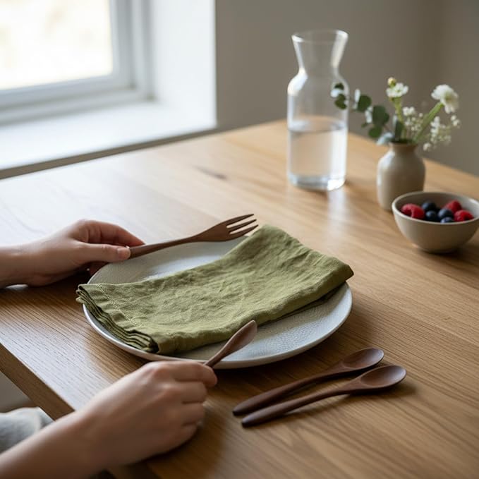 Hemstitched Linen Napkins – 20 Inch x 20 Inch – Stonewashed Pure Linen Cloth Dinner Napkins with Mitered Corners - 100% French Flax – Machine Washable - Set of 4 (Olive Green)