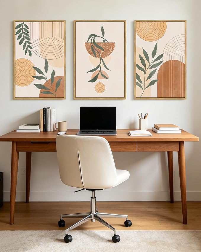 KUVIOKE Boho Wall Art Framed Botanical Mid Century Modern Wall Printing Neutral Abstract Geometric Prints Bohemain Sage Decor for Farmhouse Living Dining Room 16x24in (Natural Framed)