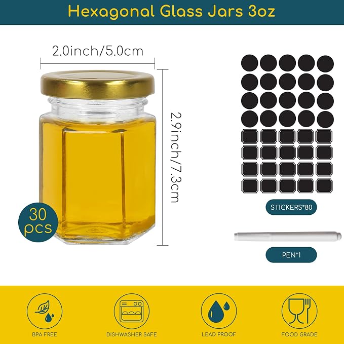 3 oz Honey Jars,30 Pack Hexagonal Glass Jars with Gold Lids,90ml Small Canning Jar Mini Storage Glass Jars for Jams,Fruits,Spices,Nuts,Jellies,Baby Foods