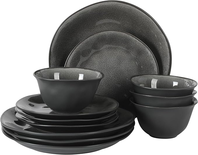 Gibson Elite Port Barton Plates and Bowls Sets, 12-Piece Stoneware Dinnerware Sets, Reactive Glaze Dish Set - Black
