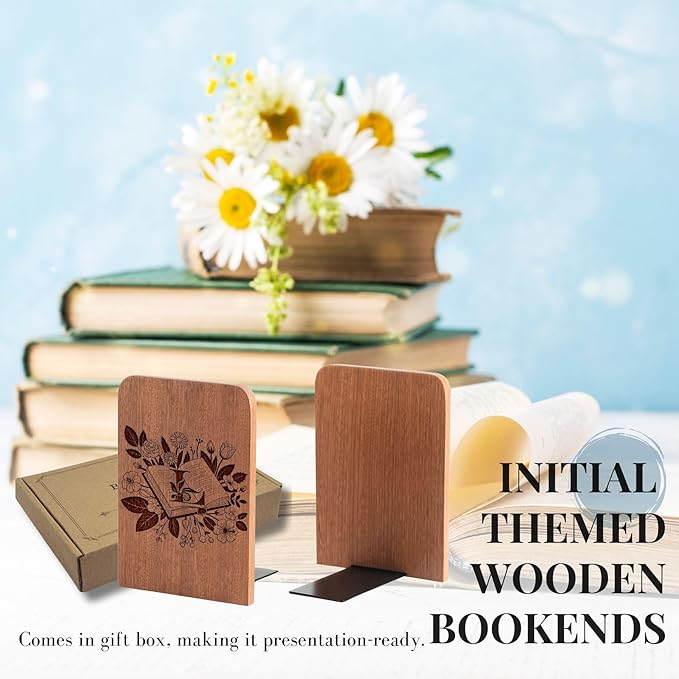 Wood Bookends, Book Ends for Shelves with Decorative Alphabet A and Z Design - Heavy Duty Iron & Ebony Wood Book Ends for Shelves Bookcase Desk - 1 Pair - L