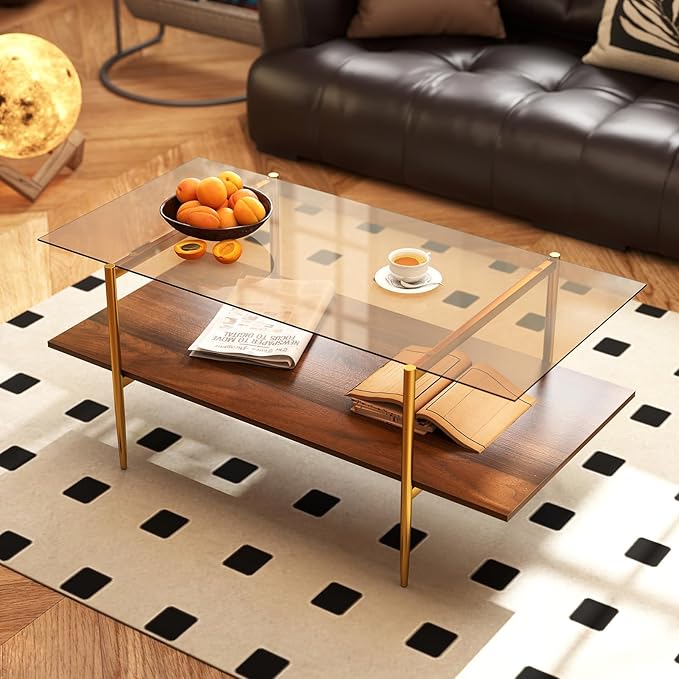 Giantex Glass Coffee Table, Mid Century Modern Center Table with Amber Tampered Glass Tabletop, Walnut Storage Shelf & Golden Legs, 2-Tier Rectangle Coffee Tables for Living Room, Brown