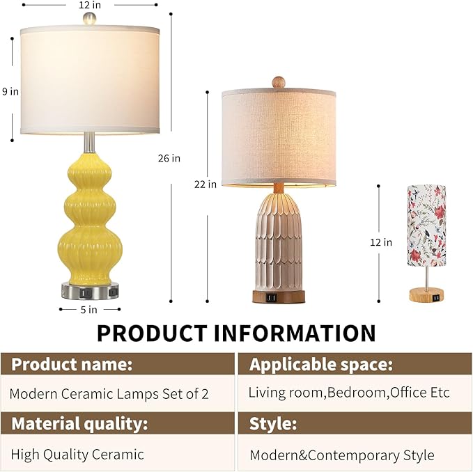 Cinyirong 26" Set of 2 Yellow Ceramic Table Lamps with USB A+C Ports & AC Outlet, 3-Way Dimmable Gourd Bedside Nightstand Lamps with White Shade for Bedroom, Living Room, Office