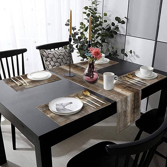 Brown and Grey Table Runner and Place Mats Set of 6 Dark Rustic Abstract Farmhouse Art Painting Graffiti Linen Dining Mat Sets Washable Vintage Tabletop for Home Decorations 90 Inches Long