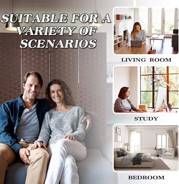 FDW Room Divider Wood Screen Mesh Woven Design Room Divider Folding Portable Partition Screen for Home Office (4 Panel, Brown)