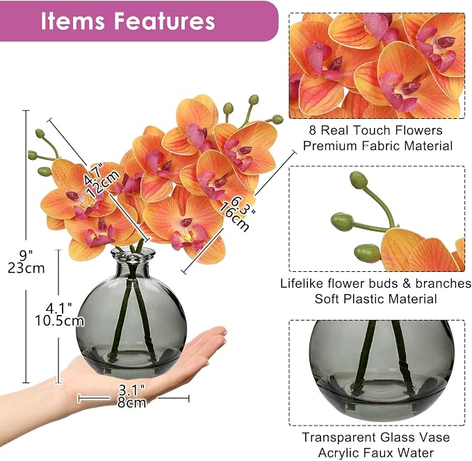 Oairse Orange Orchids Artificial Flowers Faux Orchid Arrangement with Vase | Set of 2 Real Touch Phalaenopsis Orchid Flowers in Black Glass Vase Orchid Centerpiece for Dining Room Table