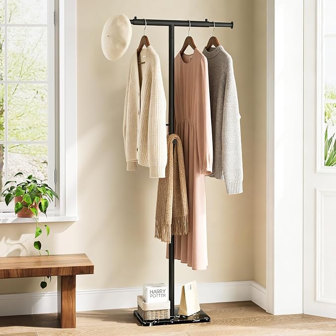 ELYKEN Coat Rack Freestanding with Natural Marble Base, Width Adjustable T-shaped Metal Coat Tree with 2 Hooks, Modern Coat Rack Stand for Jacket, Clothes & Bag, Hall Tree for Entryway, Bedroom, Black