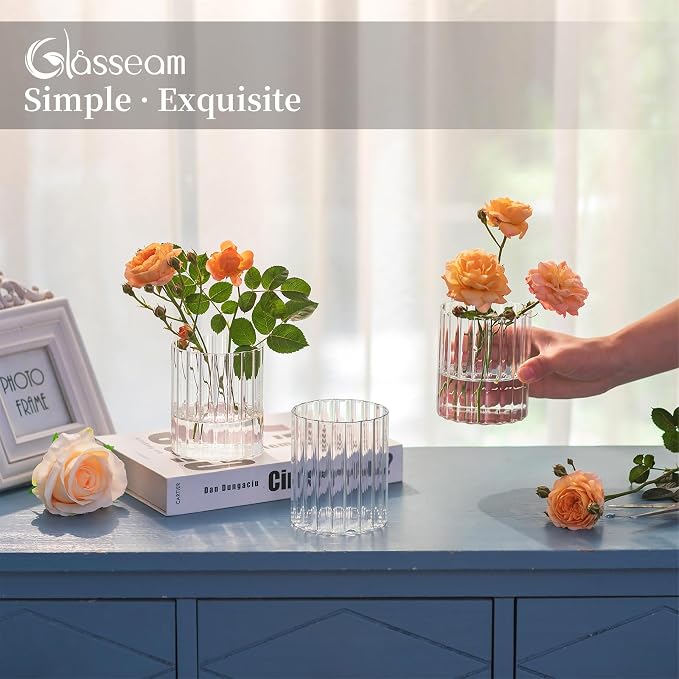 Glasseam Ribbed Glass Candle Holder: Set of 6 Clear Hurricane Candle Holder Cylinder Candle Holders for Pillar Candles Decorative Floating Candle Vases for Centerpieces Wedding Table Decoration 3.94’’