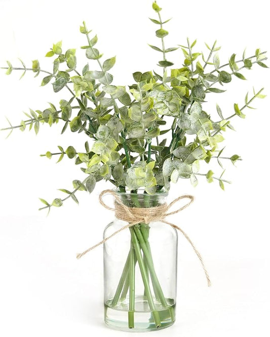 Muhanjia Artificial Eucalyptus Stems in Glass Vase with Faux Water,7Pcs Fake Plant for Centerpiece Bathroom Farmhouse Room Home Decor (Sage Green Eucalyptus)