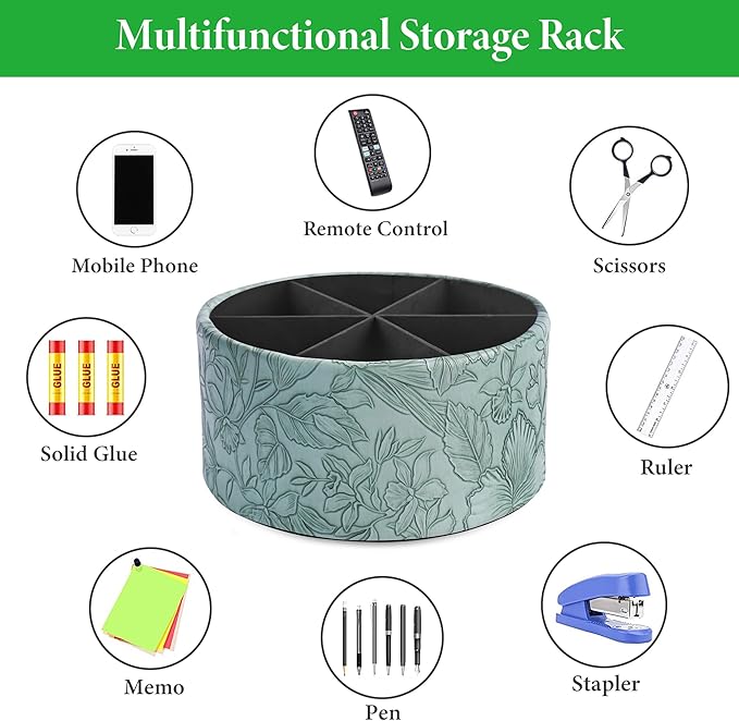 Remote Control Holder, 360°Spinning PU Leather Desk TV Remote Caddy,Desk Storage Box Room Accessories for Controller, Media,Mail,Calculator, Mobile Phone,Pencil(1-Carved Green2)