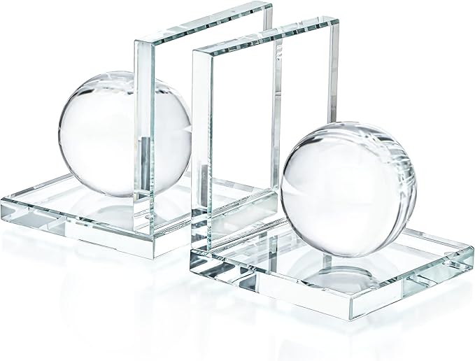 1 Pair Crystal Bookends with Crystal Ball Decorative Ornaments,L Shape Non-Skid Sturdy Book Ends for Heavy Books,Book Holder Stopper for Shelf Office Home (4inch,Clear)