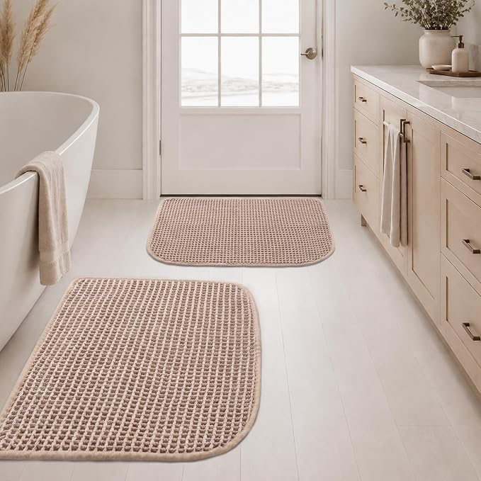 Dunzy Waffle Bath Mat Set of 2 Boho Bathroom Rugs Set 16" x 24" Half Circle Non Slip Washable Absorbent Bath Rugs for Bathroom Floor Tub Soft Quick Dry Shower Mat for Home Farmhouse Boho Kitchen Decor