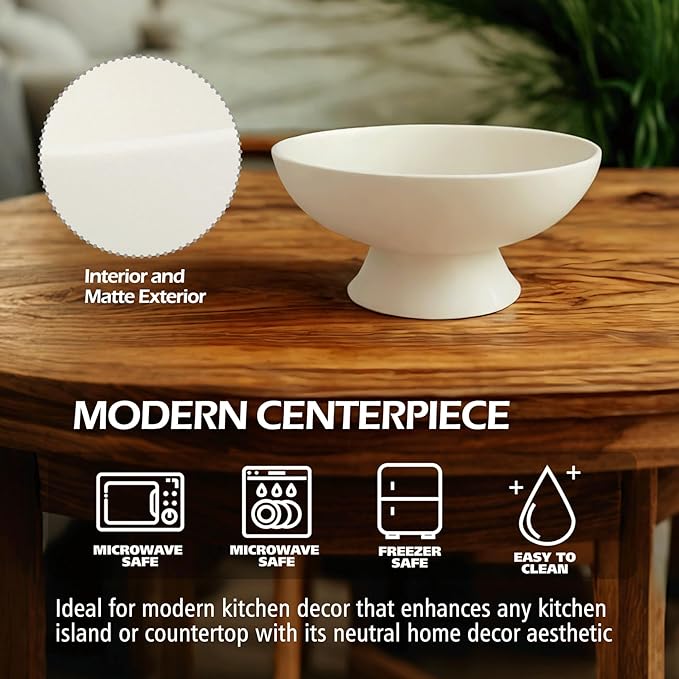 White Pedestal Decorative Bowl - 8" Minimalist Decorative Fruit Bowl for Kitchen Counter, Entryway,Multi-Purpose Centerpiece bowl for Bread, Snacks, Candy, Perfect for Housewarming &Wedding Gift