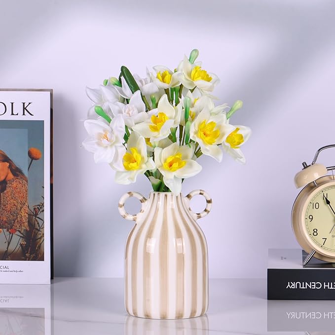 White and Brown Ceramic Vase with Handle, Nordic Boho Small Vases Side Table Flower Centerpiece, Wide Mouth Single Flower Vase Pampas Grass Decorative - for Home Window Sill Living Dining Room Kitchen