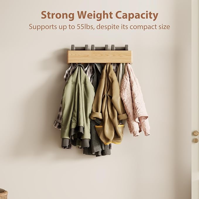 CycleCrew Solid Wood Wall Mounted Coat Rack with Shelf Hooks - Modern Floating Shelves with 5 Hidden Hooks, Heavy Duty Entryway Coat Key Holder Hanger for Hallway Bathroom Bedroom Home Decor