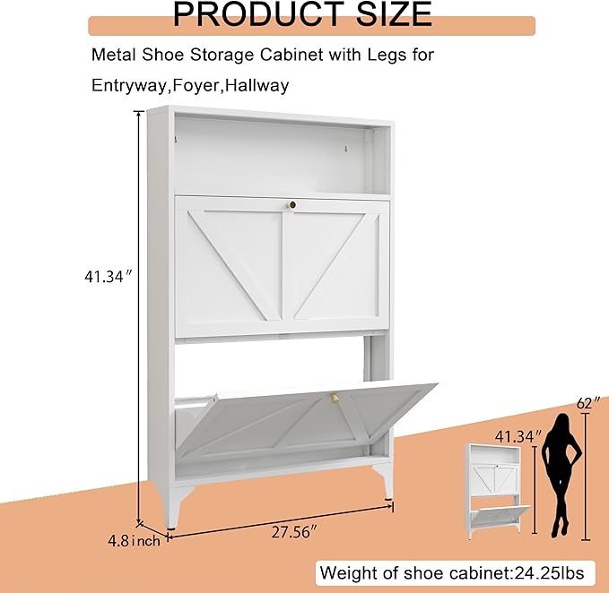 Shoe Cabinet with 2 Flip Drawers, Narrow Shoe Storage Cabinet, Farmhouse Shoe Organizer, Metal Freestanding Organizer with Legs for Entryway, Foyer (2 Door, White)
