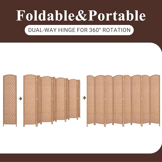 HALLYBEE Room Divider, Room Dividers and Folding Privacy Screens, 16in Privacy Screen, 8 Panel Temporary Wall Partitions, 6ft Space Separation Panel Screen, Natural