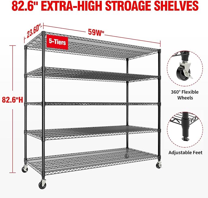 5 Tier Metel Shelving with Wheels, Garage Storage Shelves Heavy Duty Rack Load 3300LBS, Ajustable Black Wire Shelving Unit, for Home Garage Basement, Easy Assembly, 59" W X 24" D X 82" H