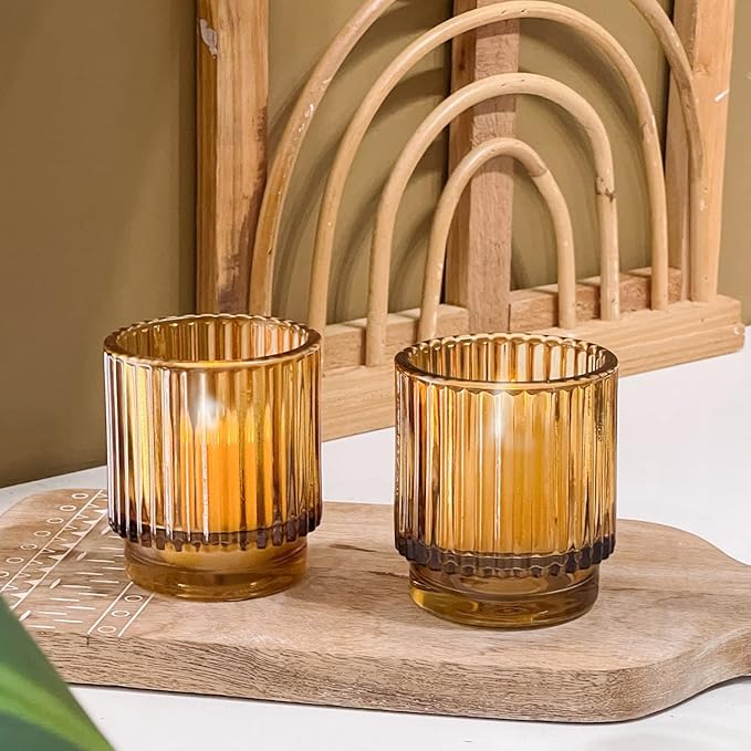 Kate Aspen 24PCS Vintage Ribbed Amber Glass Tealight & Votive Candle Holders, Fall Decor, Boho Decor, Shelf Decoration for Wedding, Bachelorette, Bridal Shower & Anniversary