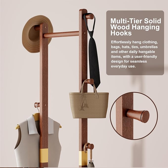 Solid Wood Coat Rack Freestanding, Clothing Rack with 5 Hooks & Bottom Shelf, Heavy Duty Coat Rack Stand for Hanging Clothes, Wood Hall Tree Organizer for Entryway, Bedroom (Walnut Brown)