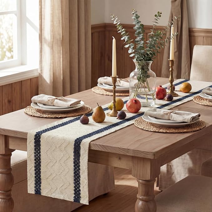 Artoid Mode Dark Blue Stripe Woven Table Runner, Seasonal Holiday Hollow Kitchen Dining Table Decoration for Home Party Decor 12x48 Inch