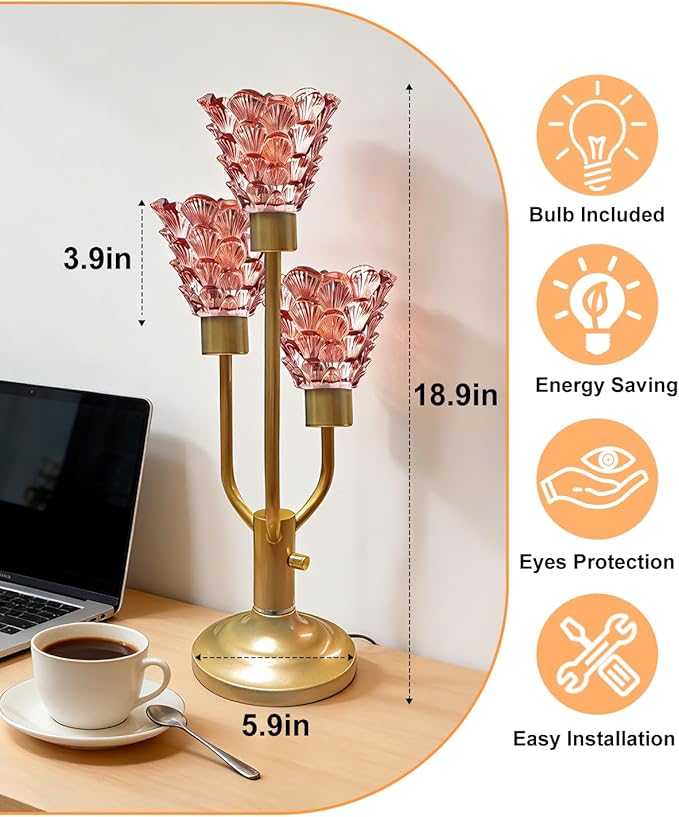 Lightdot Modern Glass Table Lamp for Living Room Dimmable Mid Century Desk Lamp with Thickened Red Glass 3 Bulbs Included 3000K Warmwhite Nightstand Lamp for Bedroom Bedside End Table-Gold
