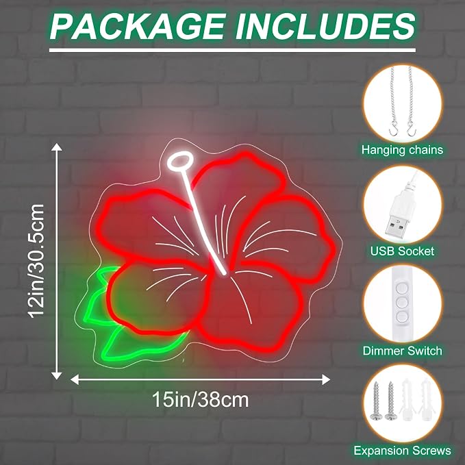 Hibiscus Neon Sign Hibiscus Flower Neon Light Hawaii Floral Neon Light Tropical Flower Sign Home Wall Art Decoration, 15"x12", Red