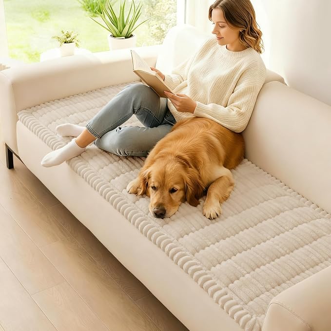 hyha Couch Cover for Dogs Washable, Non Slip Thick Flannel Sofa Protector, Pet Friendly Plush Furniture Cover for Sectional Sofa & Loveseat (Apricot, 35.4" x 35.4")