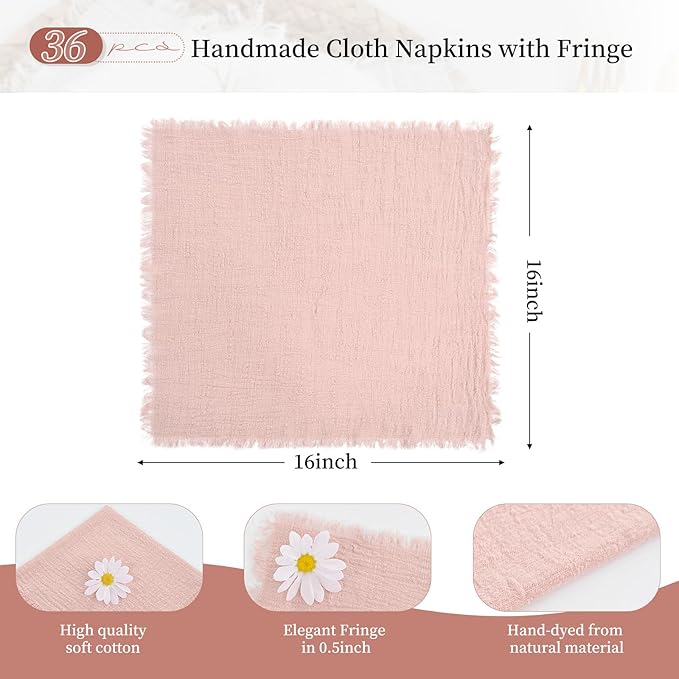 36 Pack Pink Cloth Napkins Cotton Linen Napkin 16 x 16 Inch Pink Napkins Cloth Handmade with Fringe Soft Washable Rustic Dinner Napkin Cloths for Wedding Party Dinner Table