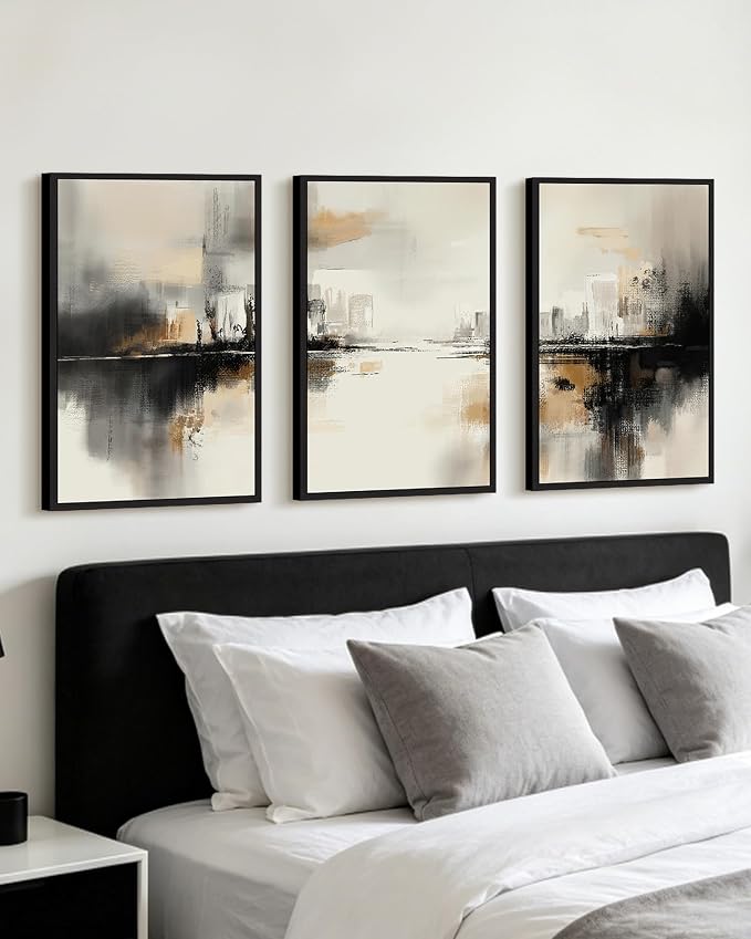 PHOPAGO Black Gray Abstract Landscape Framed Wall Art 16x24in Brown Tan Neutral Wall Decor Minimalist Modern Prints Home Decor - Black Framed