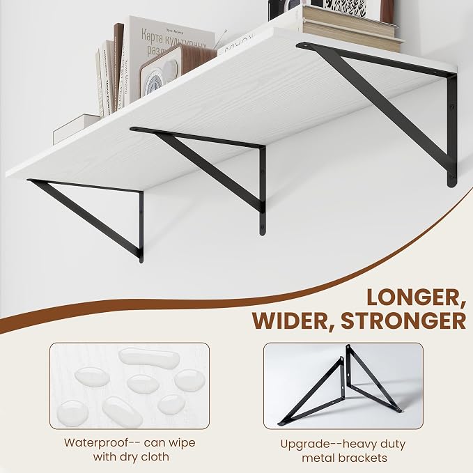 Heimlove White Deep Floating Shelves for Wall, 40W x 12D Wood Wall Shelves Set of 2, Wide Floating Bookshelf for Living Room, Kitchen, Office, Bedroom and Decor Storage, with Black Bracket - White