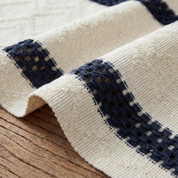 Artoid Mode Dark Blue Stripe Woven Table Runner, Seasonal Holiday Hollow Kitchen Dining Table Decoration for Home Party Decor 12x48 Inch