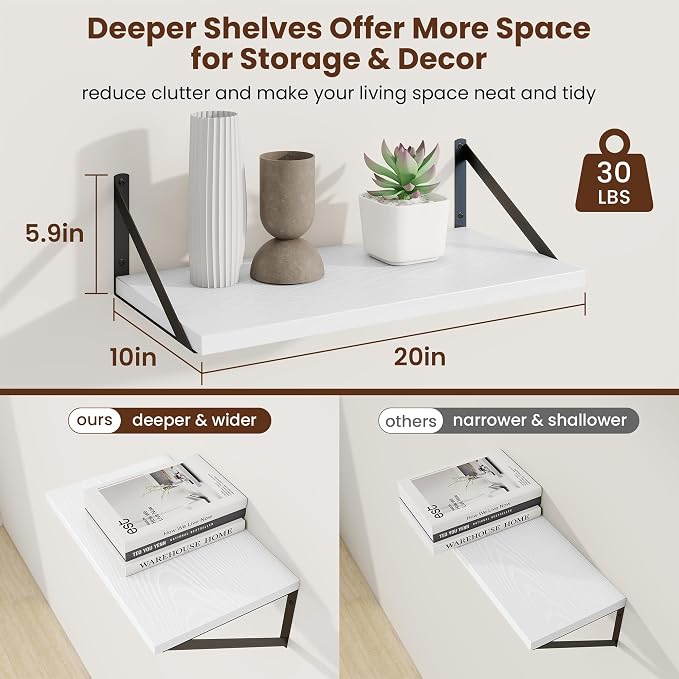 Axeman Deep Floating Shelves | 20 Inch White Wall Shelves Set of 2 | 10 Inch Deep Rustic Wood Shelves for Wall | 20'' W x 10''D White Shelves for Living Room Bathroom Kitchen