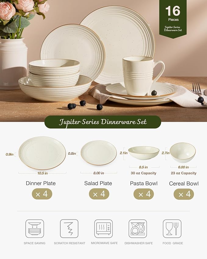Famiware Jupiter 16-Piece Stoneware Dinnerware Ses - Includes Pasta Bowl & Dinner Plate, Handcrafted Dishes with Speckles & Embossed Swirls, Chip & Scratch Resistant, Service for 4, Vanilla White