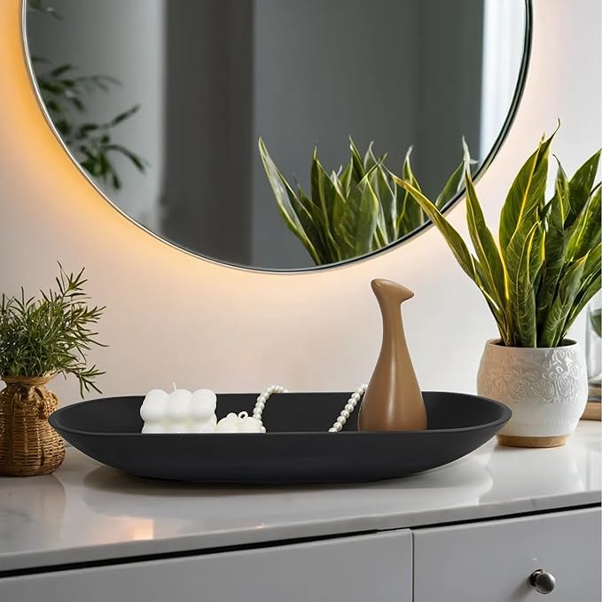 LIN CHUAN Large Decorative Bowl for Home Decor - Long Dough Bowl with Anti Slip Base for Table Centerpieces - Black Minimalist Design Dough Decor Bowl for Coffee Table, Dining Table Centerpiece