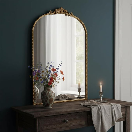 ZIYOO Vintage Baroque Arched Wall Mirror 36"x24", Gold Ornate Antique French Traditional Decor Mirror for Entryway Living Room Fireplace (Gold Metal,36" x 24")