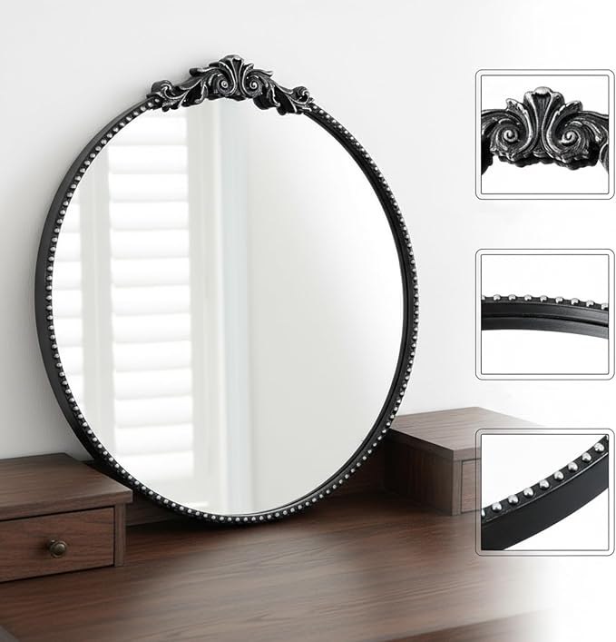 ZIYOO Vintage Baroque Round Wall Mirror 24"x24", Black Ornate Carved Frame Decor Mirror for Entryway Living Room Bedroom Hallway (Black Metal,24"x24")