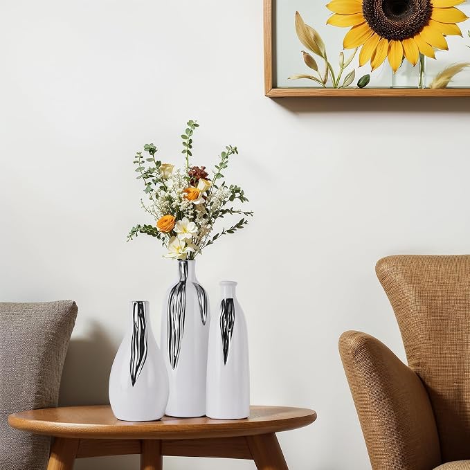 Ceramic Vase 3 Piece Set, White and Silver Vases for Home Decor, Decorative Vases for Mantels, Shelves and Entryway Decor, Dining Table Centerpieces, Living Rooms, Fireplaces and Kitchen Decor.