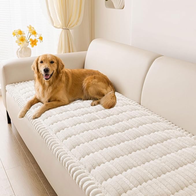 hyha Couch Cover for Dogs Washable, Non Slip Thick Flannel Sofa Protector, Pet Friendly Plush Furniture Cover for Sectional Sofa & Loveseat (White, 27.6" x 47")