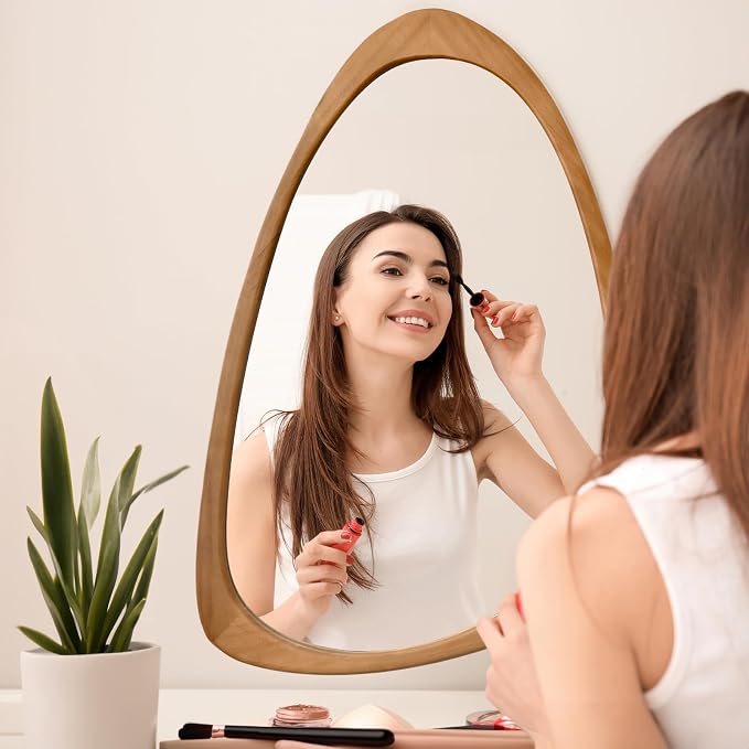 sawsile Irregular Wall Mirror for Bathroom,Wood Asymmetrical Rustic 19.5 x 30.5 inch Farmhouse Vanity Unique Walnut Decorative Large Mirror for Entryway,Bedroom,Living Room,Washroom