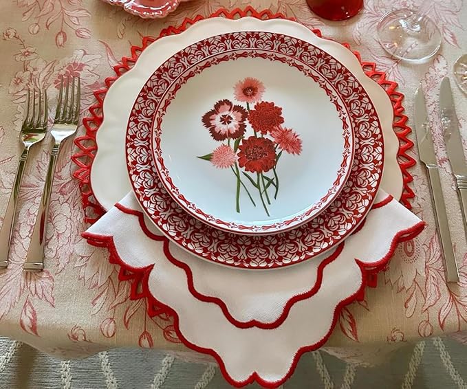 Red and White Napkins, Scalloped Napkins Cloth, 100% Pure Cotton, Embroidered Napkins, White Linen Napkins, Set 4 Wedding Napkins, Farmhouse Dinner Napkins Washable, White Napkins with Red Trim 18x18