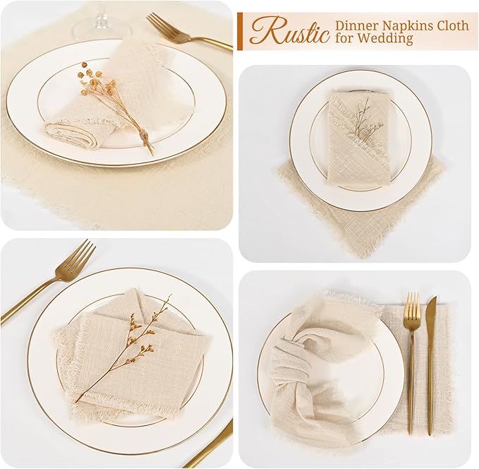 50 Pack Beige Napkins Cotton Linen Napkins Bulk 16 x 16 Inch Beige Cloth Napkins with Fringe Rustic Handmade Washable Dinner Napkins Cloth for Wedding Party Bridal Shower