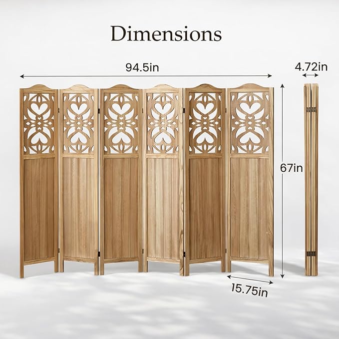 6 Panel Room Divider Fully Assembled, Carved Room Dividers and Folding Screens, 5.6Ft Wood Room Divider Screen Freestanding Partition Wall Dividers for Home Bedroom Office, Rustic Wood Color
