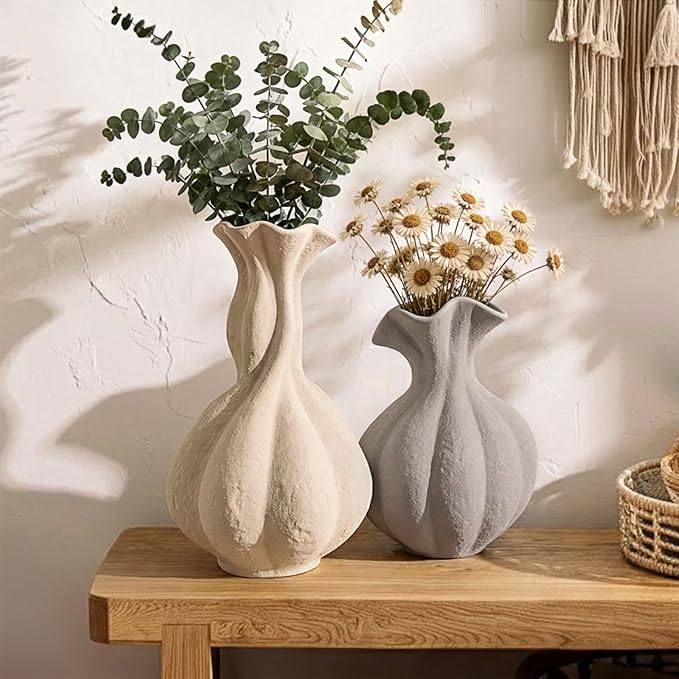 DOWAN Gray Stoneware Vase, Small Farmhouse Flower Vase for Pampas Grass, Home, Living Room, Dining Table, Rustic Decor, Office, Bedroom, Table and Kitchen Shelf (7.7")