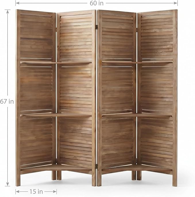Bluecat 4 Panel Room Divider with Shelves,64" W x 67" H Foldable Privacy Screen, Freestanding Solid Wood Partition Wall for Home Office Bedroom, No Assembly Required,Dark Brown