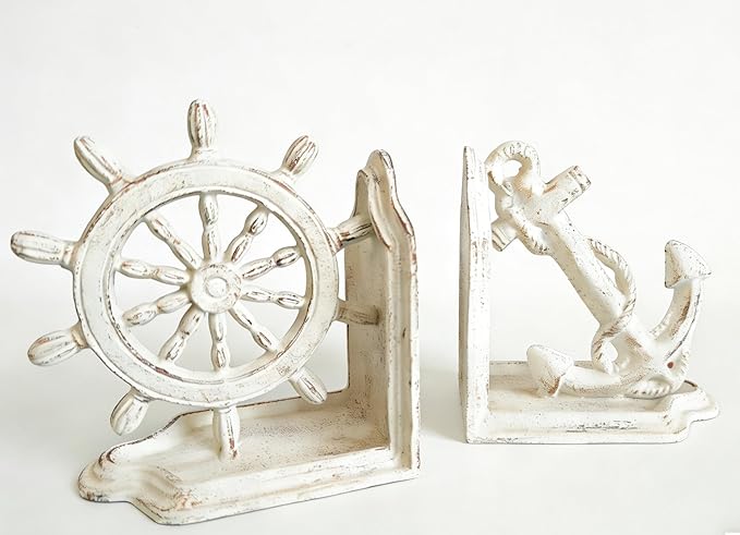 Anchor Bookends Decorative, Anchor and Nautical Ship Wheel Bookends Set,Heavy Duty Cast Iron Book Holder, Book Ends for Shelves Living Room Home Office, Antique Blue, 1 Pair/2Pieces (Antique White)