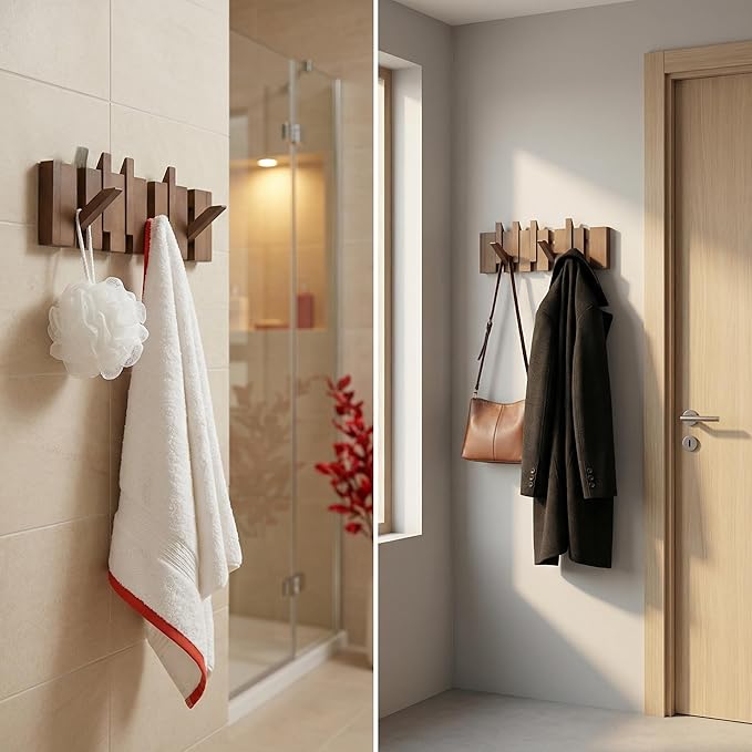 16.9" Wooden Piano Key Coat Rack Wall Mounted, Flip Down 6 Hooks Heavy Duty for Hanging Coats/Hats/Keys/Towels/Bags, Natural Walnut Entryway Hanger Art Hook