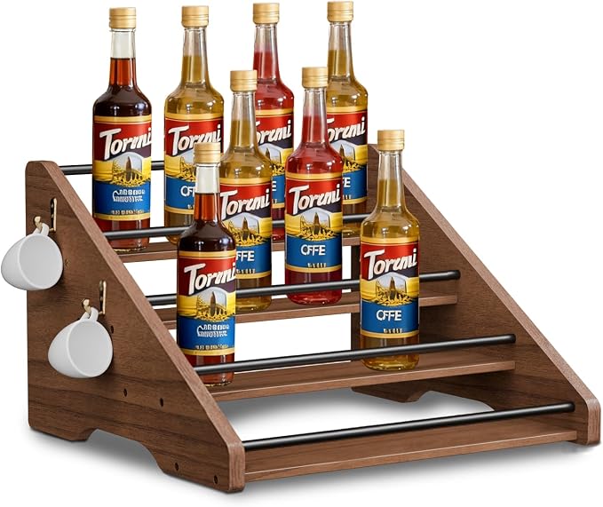 Coffee Syrup Organizer, 4-Tier Solid Wood Syrup Rack, Wine Rack, Storage Organizer for 16 Syrup Bottles/Spice Jars/Liquor Bottles, Sturdy Storage Stand for Coffee Bar