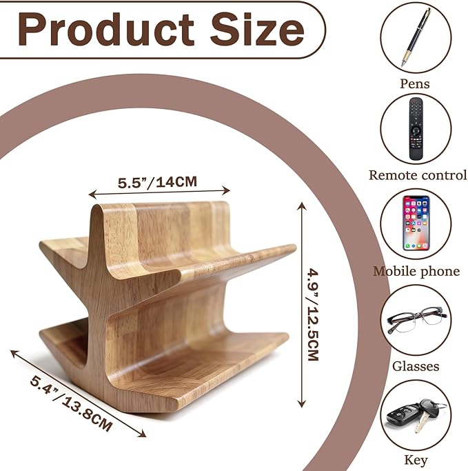 Remote Control Holder with 2-Tiers, Wooden Organizer Stand for TV/Streaming Remotes, Game Controllers, Glasses, Keys | Storage Caddy for Coffee Table, Living Room, Nightstand & Entertainment Center
