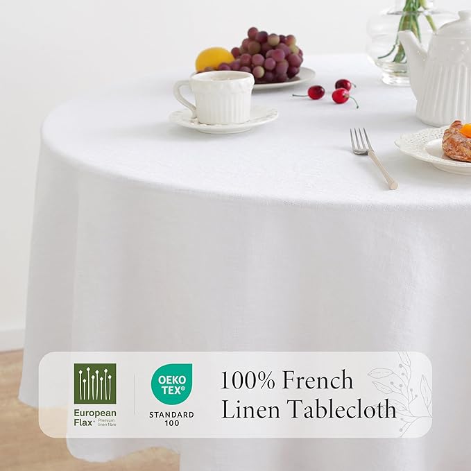 Linen World Linen Tablecloth,100% French Linen Round Tablecloth 60" Inch,Washable White Tablecloth for Dining,Outdoor,Weddings and Restaurants,Decorative Thanksgiving Christmas